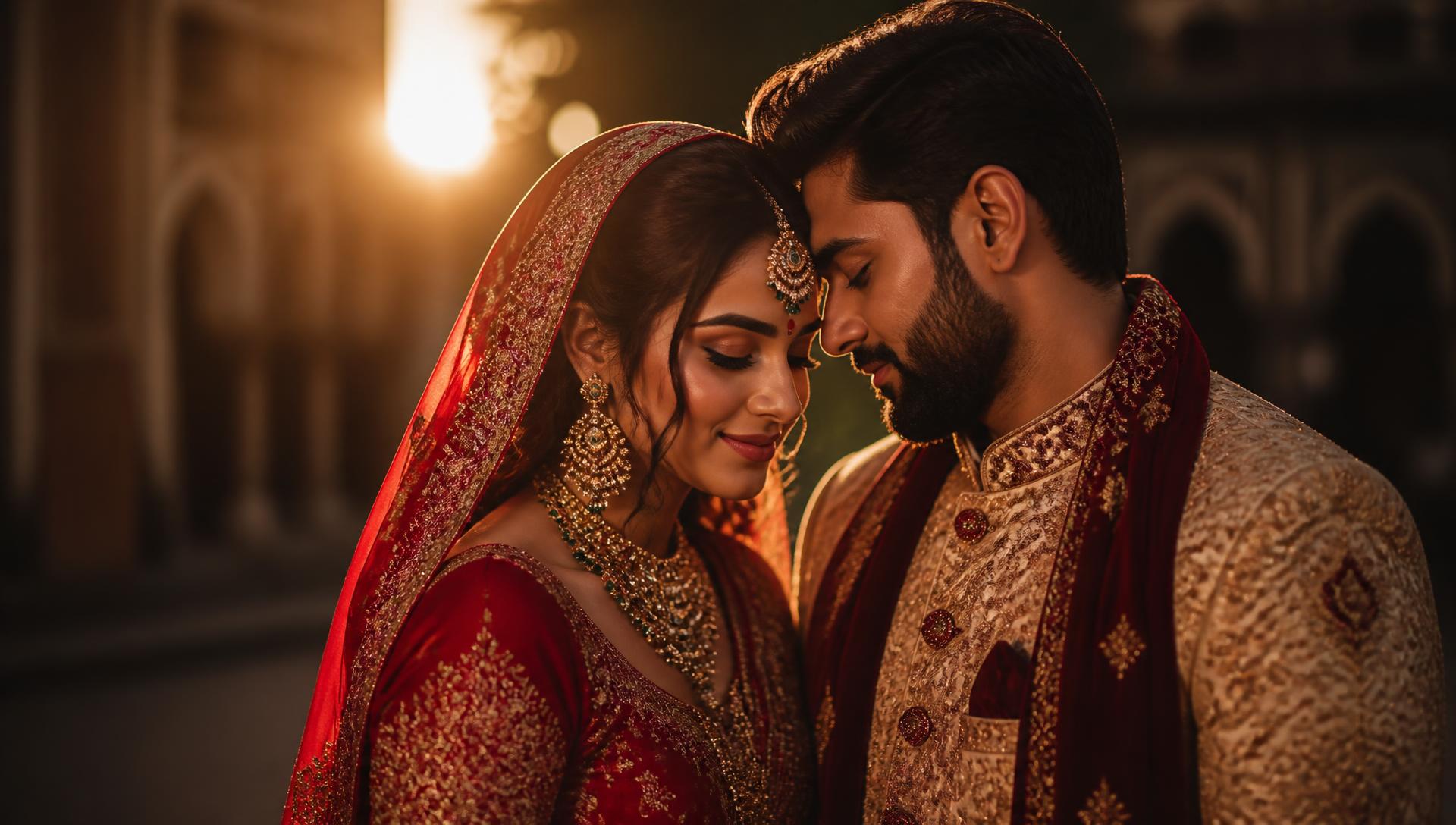 Bride and groom in a cinematic golden hour wedding portrait by Utkarsh Studio Haidergarh